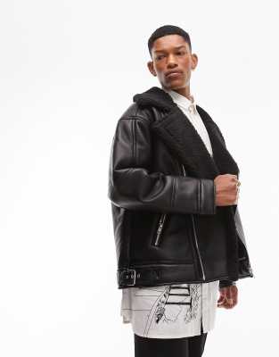 Topman faux shearling biker jacket in black