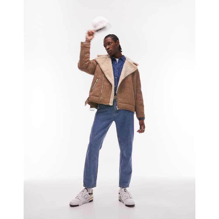 Topman faux shearling biker jacket in tan