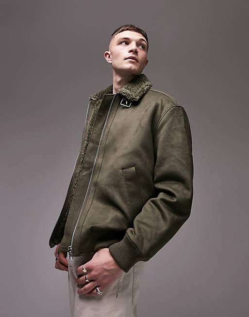 Topman faux shearling bomber jacket in khaki