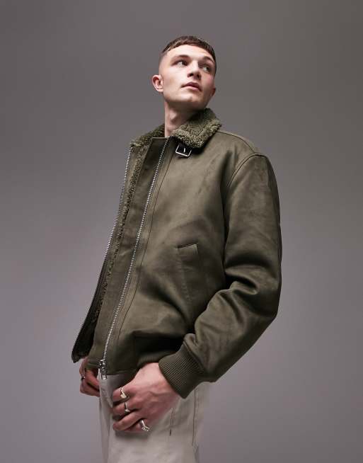 Khaki on sale shearling jacket