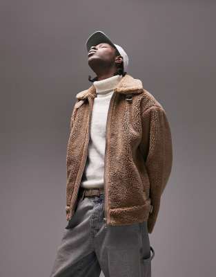 Topman faux shearling borg jacket in tan-Brown