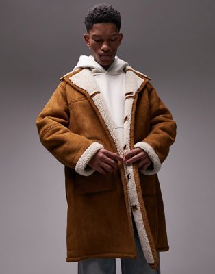 Topman faux shearling coat in tan