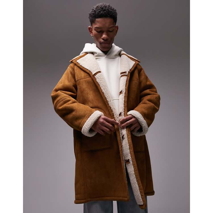 Topman faux shearling coat in tan