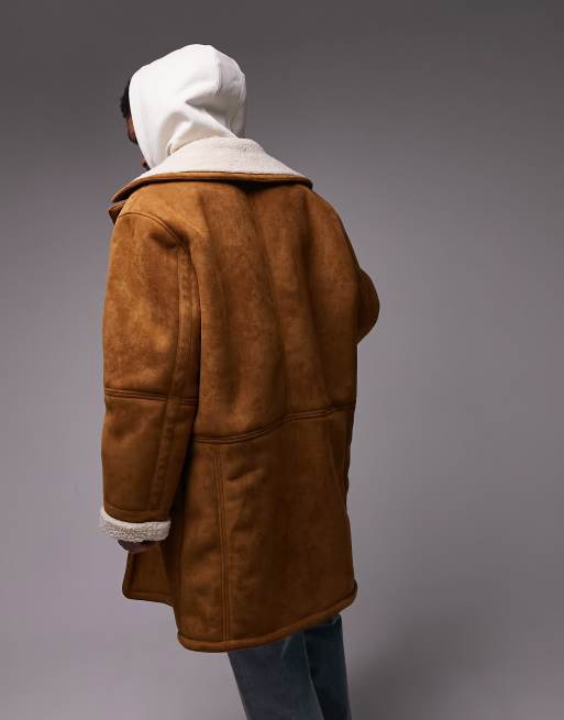 Topman faux shearling coat in tan