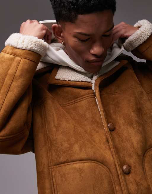 Topman faux shearling coat in tan