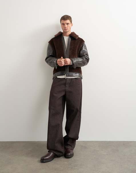 Topman faux shearling jacket in chocolate brown - view 1