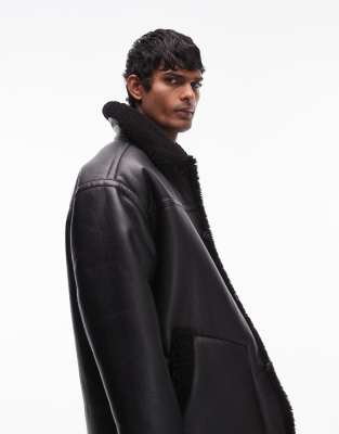 faux shearling jacket with shearling collar in black