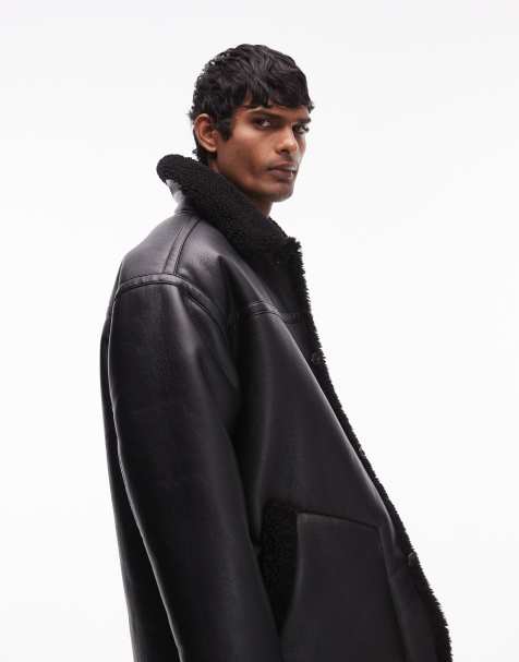 Topman faux shearling jacket with shearling collar in black - view 1