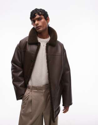 faux shearling jacket with shearling collar in brown