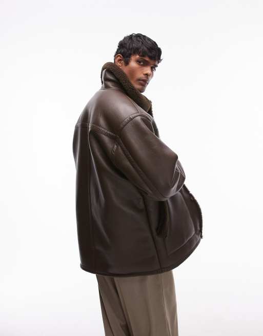 Topman faux shearling jacket with shearling collar in brown ASOS