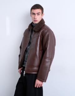 Faux shearling jacket with zip pockets in brown