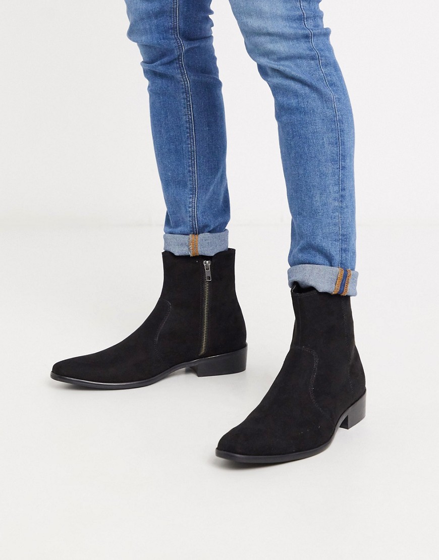 Topman faux suede boot with cuban heel in black-Nero
