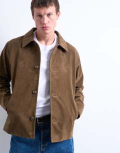 Model wearing Faux suede button jacket in brown