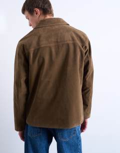 Model wearing Faux suede button jacket in brown