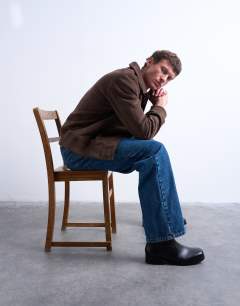 Model wearing Faux suede harrington jacket in brown