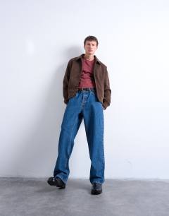 Model wearing Faux suede harrington jacket in brown