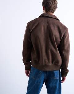 Model wearing Faux suede harrington jacket in brown