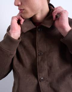 Model wearing Faux suede harrington jacket in brown