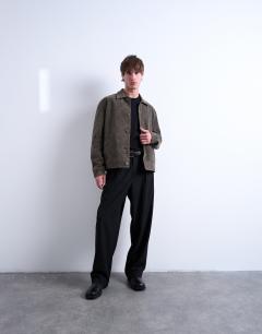 Model wearing Faux suede harrington jacket in khaki