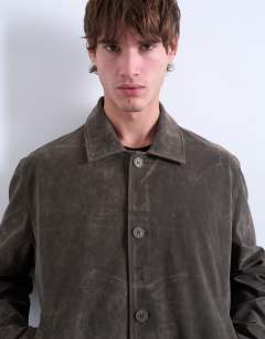 Model wearing Faux suede harrington jacket in khaki