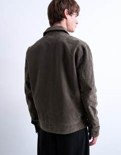 Model wearing Faux suede harrington jacket in khaki