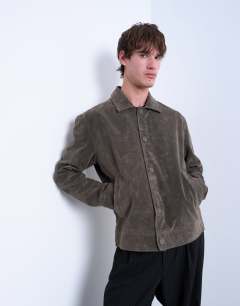 Model wearing Faux suede harrington jacket in khaki