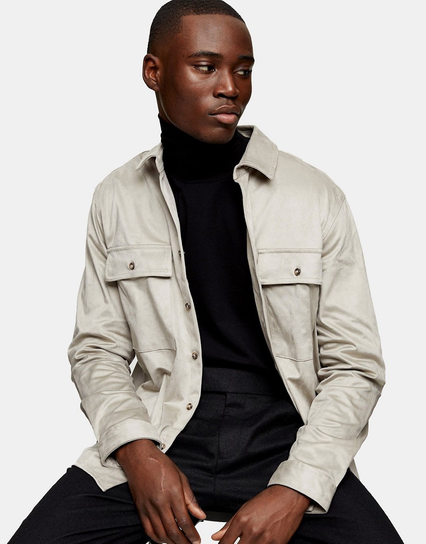 Topman faux suede shirt in stone-Brown