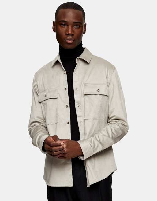 Topman faux suede shirt in stone