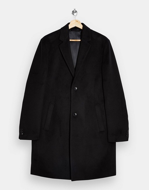 Topman faux wool overcoat in black