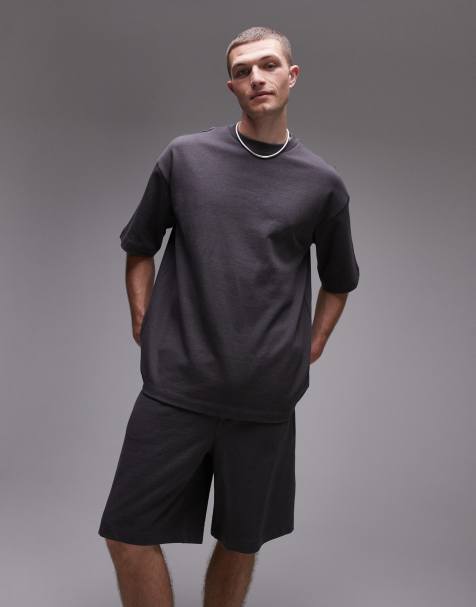 Topman - Felpa a maniche corte oversize in misto lino color antracite - view 1