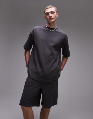 Topman - Felpa a maniche corte oversize in misto lino color antracite