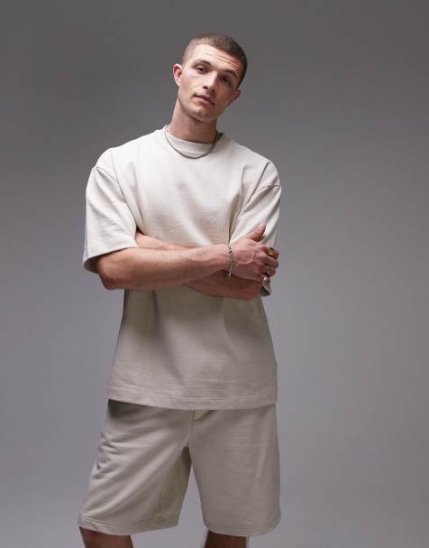 Topman - Felpa a maniche corte oversize in misto lino color pietra - view 1