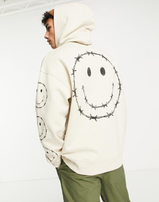 Topman - Felpa con cappuccio oversize color pietra con stampa di sorriso