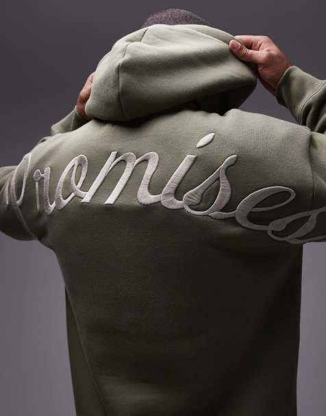 Topman - Felpa con cappuccio oversize kaki con ricamo “Promises” sul davanti e sul retro - view 1