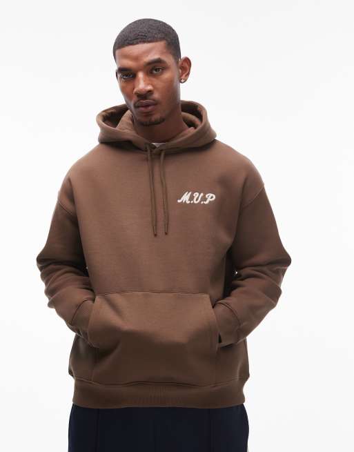Topman - Felpa con cappuccio oversize marrone con ricamo “MVP” sul davanti e sul retro, 4 di 4