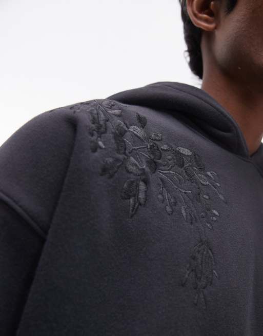 Topman - Felpa con cappuccio oversize nero slavato con ricamo a fiori, 2 di 4