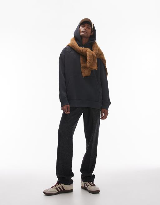 Topman - Felpa con cappuccio oversize nero slavato con ricamo a fiori, 3 di 4