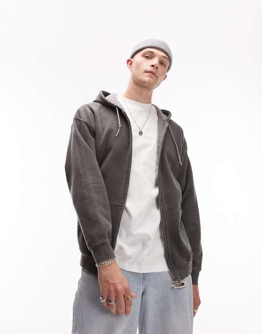 Topman - Felpa con cappuccio oversize nero slavato con zip