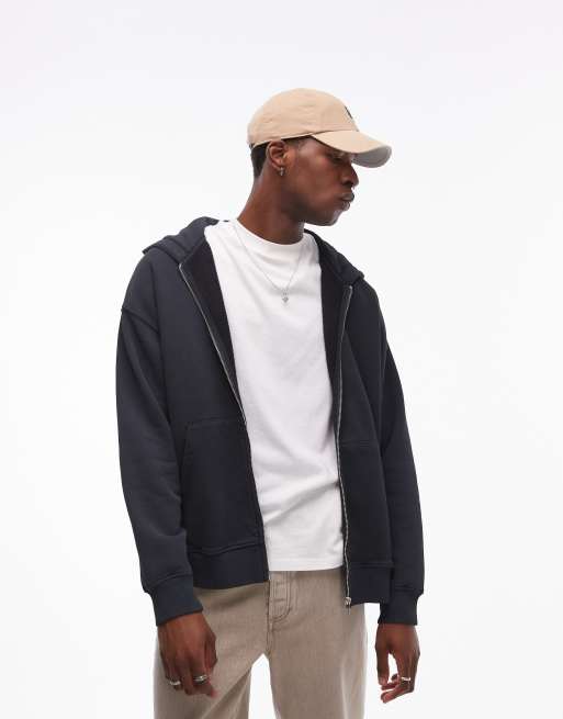 Topman - Felpa con cappuccio oversize nero slavato con zip