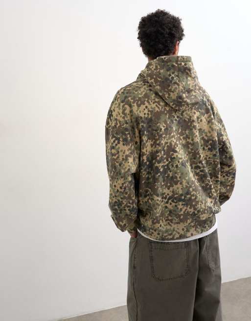 Topman - Felpa con cappuccio oversize pesante verde con stampa mimetica, 2 di 5