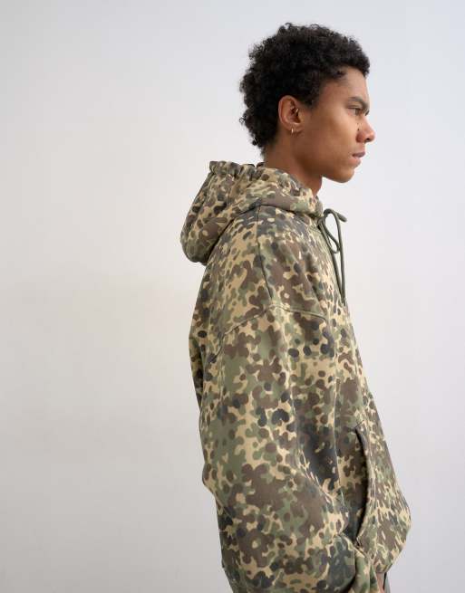 Topman - Felpa con cappuccio oversize pesante verde con stampa mimetica, 3 di 5