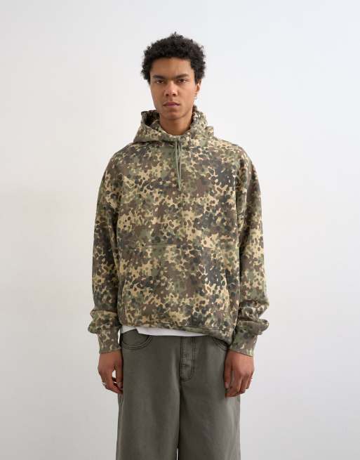 Topman - Felpa con cappuccio oversize pesante verde con stampa mimetica, 4 di 5