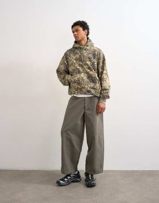 Topman - Felpa con cappuccio oversize pesante verde con stampa mimetica, 5 di 5