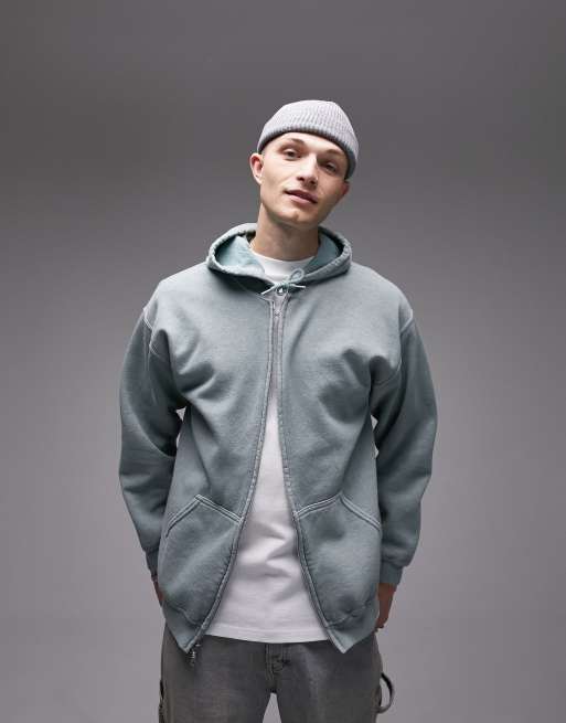 Topman - Felpa con cappuccio oversize salvia slavato con zip