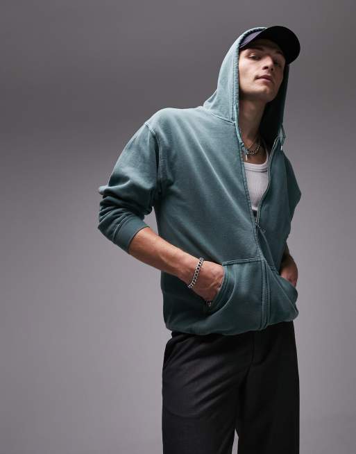 Topman - Felpa con cappuccio oversize verde slavato con zip