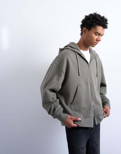 Topman - Felpa con cappuccio pesante oversize color oliva con zip