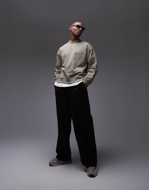 Topman - Felpa girocollo oversize in misto lino kaki