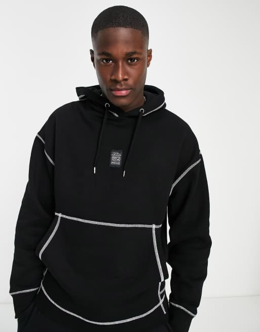 Topman - Felpa nera con cappuccio con cuciture a contrasto