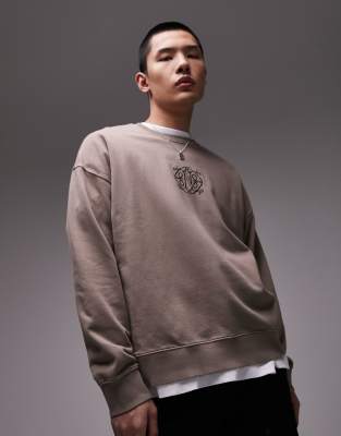 Topman - Felpa oversize color marrone slavato con ricamo 