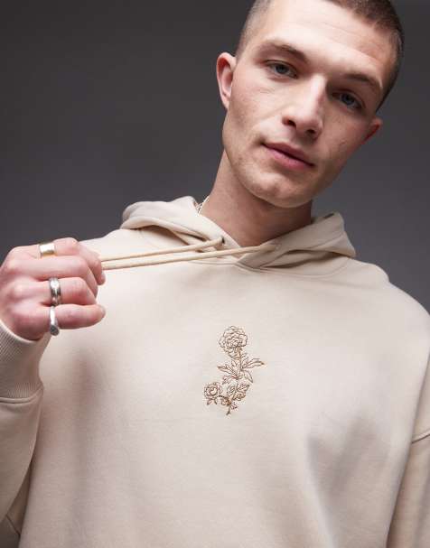 Topman - Felpa oversize color pietra con cappuccio e ricamo a fiori - view 1